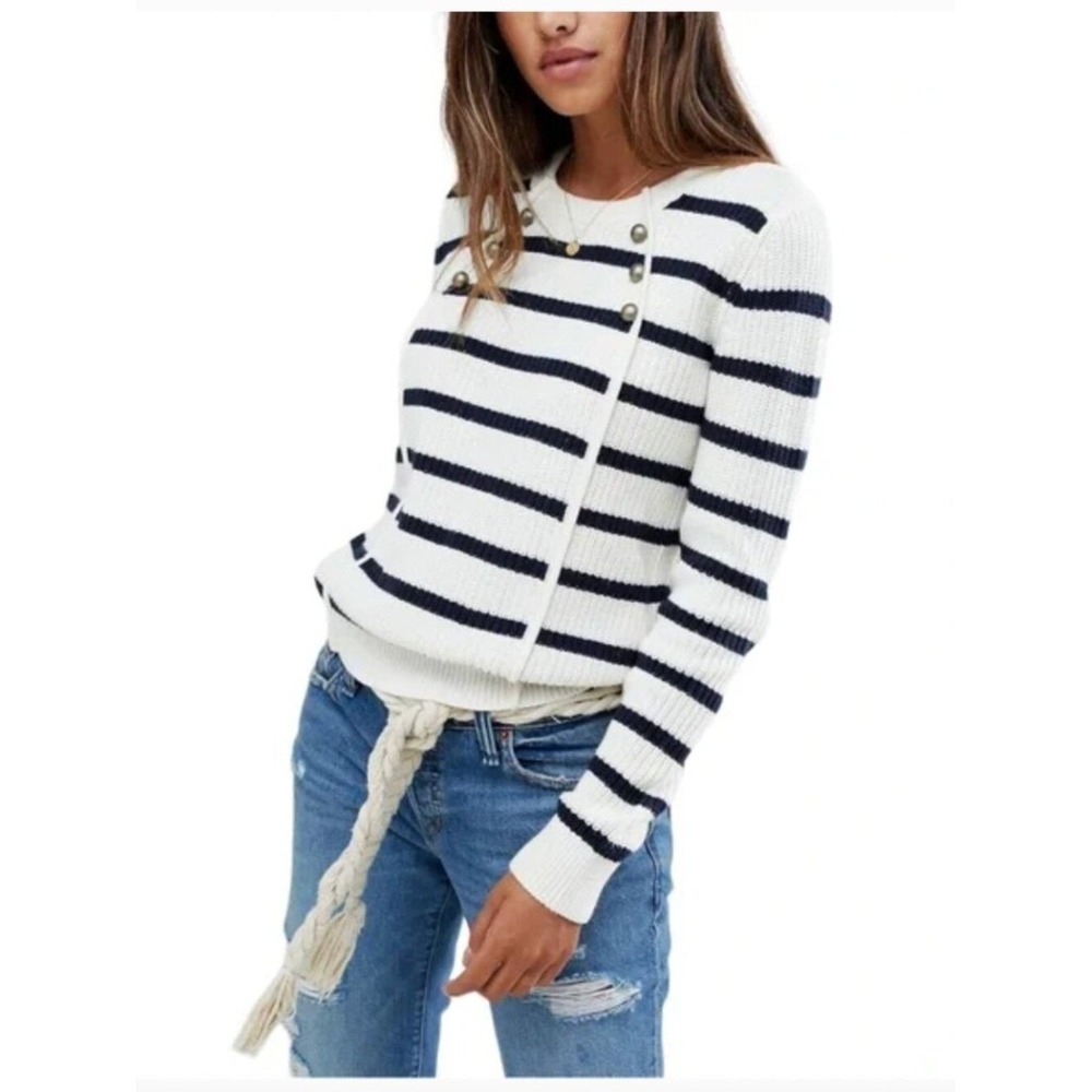 Abercrombie & Fitch Womens Navy White Striped Button Front Knit Sweater Small